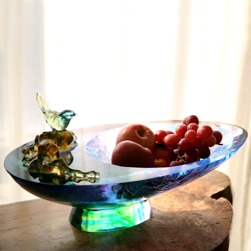 Misa na owoce ze szkła kryształowego z dekoracją w kształcie ptaka